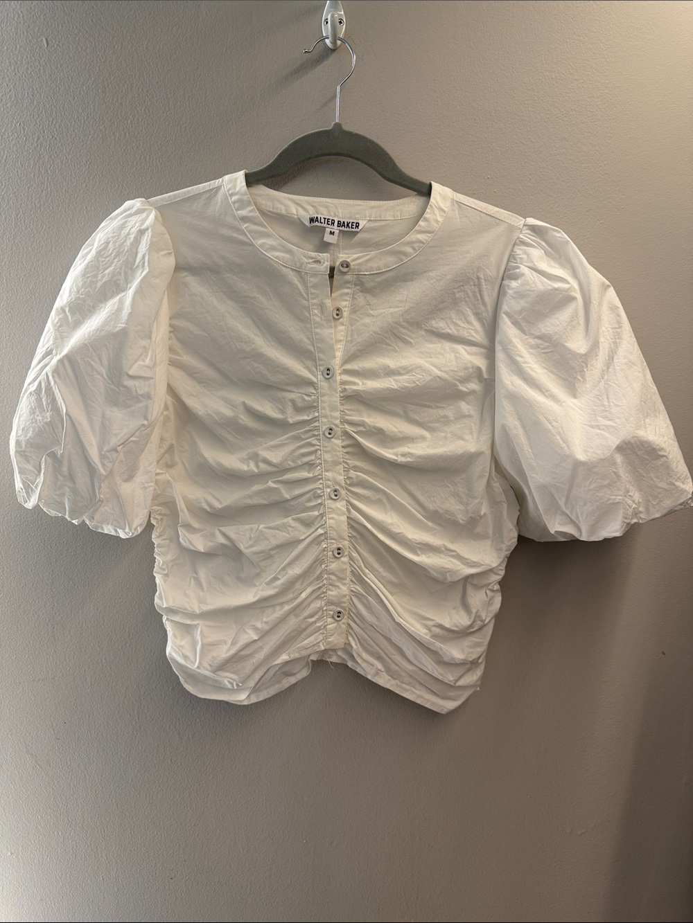 Walter Baker White Ruched Button-Front Puff Sleeve Blouse Size M